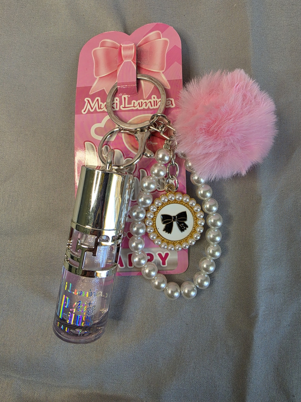 Kids Pink Pom Pom Keychain with Pearls and Charm